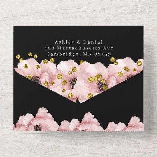 Invitation Tout En Un Élégant Mariage noir Rosy Classy (Verso)