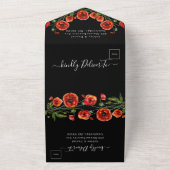 Invitation Tout En Un Élégant Mariage noir rouge floral (Dehors)