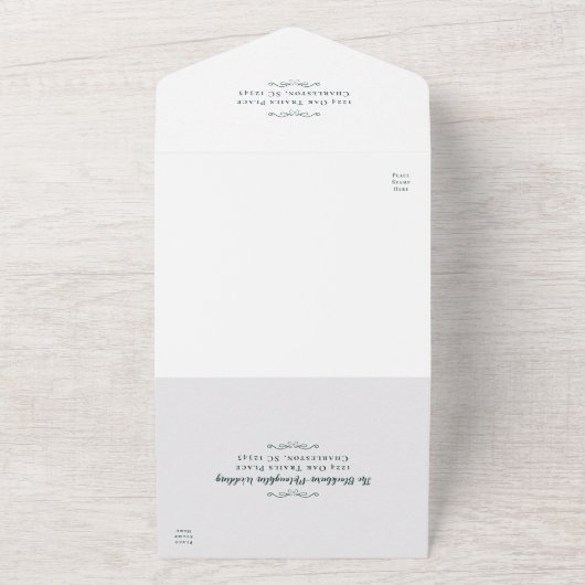 Invitation Tout En Un Élégant Mariage officiel Emerald Vert Blanc Tripli (Dehors)