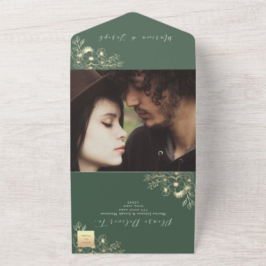 Invitation Tout En Un Élégant Mariage Olive Green Gold (Dehors)