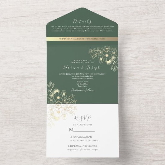 Invitation Tout En Un Élégant Mariage Olive Green Gold (À l'intérieur)