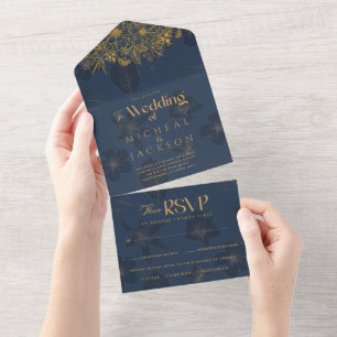 Invitation Tout En Un Élégant Mariage photo bleu marine et or floral