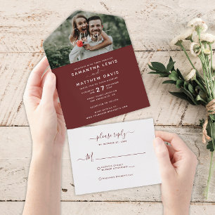 Invitation Tout En Un Élégant Mariage Photo Calligraphié Rouge Bourgogne