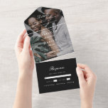 Invitation Tout En Un Élégant Mariage photo noir et blanc<br><div class="desc">Cette belle faire-part de mariage noire et blanche avec rsvp et choix de repas est parfait pour un mariage élégant. Ce chic tout en un faire-part de mariage présente une typographie classique et une superposition photo. Veuillez consulter cette collection de mariages tendance pour coordonner les éléments mariages et les options...</div>