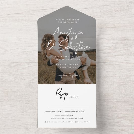 Invitation Tout En Un Élégant Mariage photo RSVP en noir et blanc (À l'intérieur)