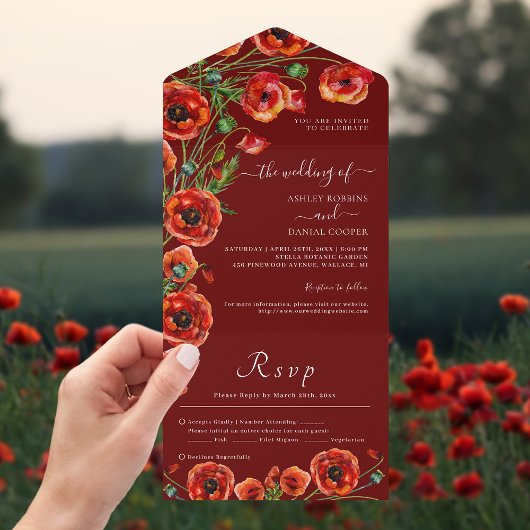 Invitation Tout En Un Élégant Mariage rouge de Bourgogne