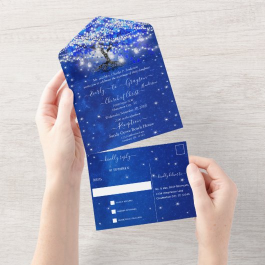 Invitation Tout En Un Élégant Mariage Royal Blue Heart Leaf Tree (Déchirure)