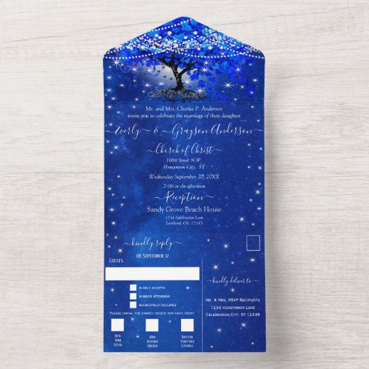 Invitation Tout En Un Élégant Mariage Royal Blue Heart Leaf Tree (À l'intérieur)