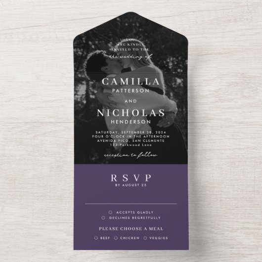 Invitation Tout En Un Élégant Mariage RSVP violet photo classique (À l'intérieur)