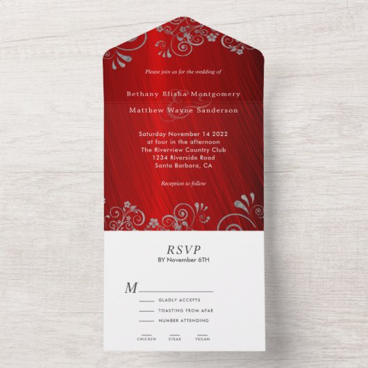 Invitation Tout En Un Élégant Mariage rubis Red Grey (À l'intérieur)