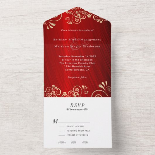 Invitation Tout En Un Élégant Mariage Ruby Red Gold (À l'intérieur)