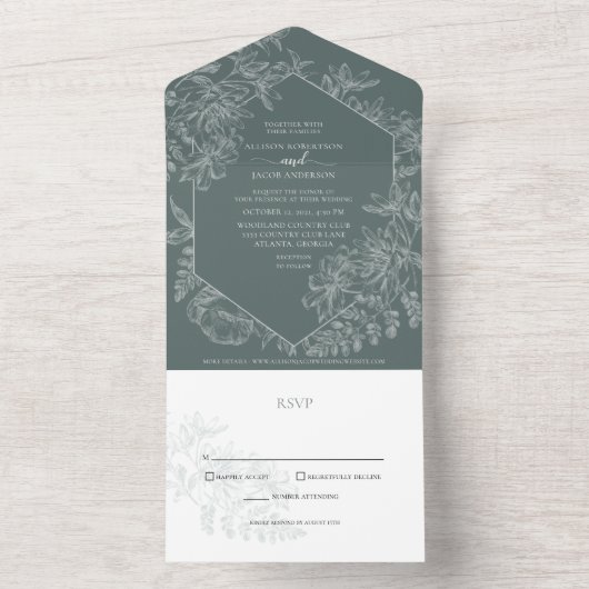Invitation Tout En Un Élégant Mariage végétal vert Sage (À l'intérieur)