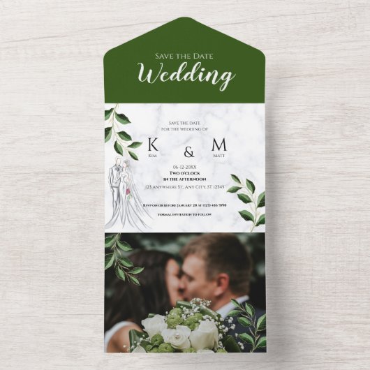 Invitation Tout En Un Élégant mariage vert feuillage photo Enregistrer l (À l'intérieur)