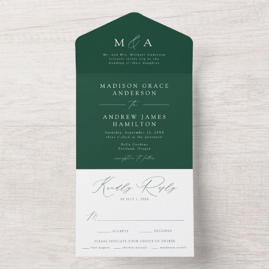 Invitation Tout En Un Élégant Mariage vert Monogram moderne (À l'intérieur)