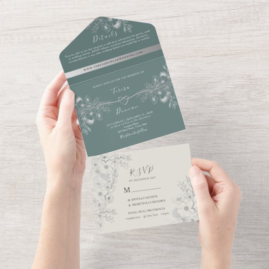 Invitation Tout En Un Élégant Mariage vert Sage (Déchirure)