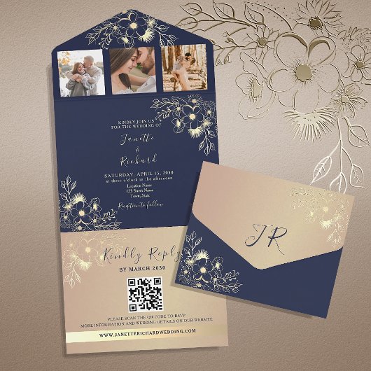 Invitation Tout En Un Elegant Marine Bleu Photo QR Code Mariage