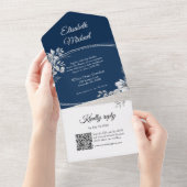 Invitation Tout En Un Elégant Marine bleu QR Code Monogramme Mariage RSV (Déchirure)