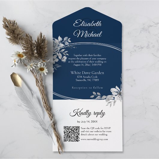 Invitation Tout En Un Elégant Marine bleu QR Code Monogramme Mariage RSV