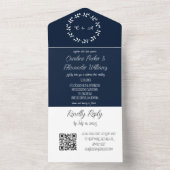 Invitation Tout En Un Elégant Marine Bleu Script moderne RSVP QR Code (À l'intérieur)