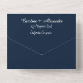 Invitation Tout En Un Elégant Marine Bleu Script moderne RSVP QR Code (Verso)