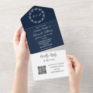 Invitation Tout En Un Elégant Marine Bleu Script moderne RSVP QR Code