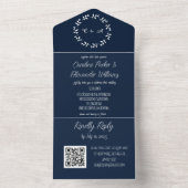 Invitation Tout En Un Élégant Marine Bleu Script moderne RSVP QR Code Al (À l'intérieur)