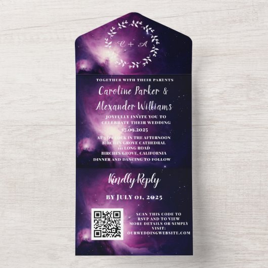 Invitation Tout En Un Elégant Marine Blue Galaxy Moderne RSVP QR Code (À l'intérieur)