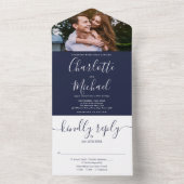 Invitation Tout En Un Élégant Marine Blue Script Monogramme Mariage phot (À l'intérieur)