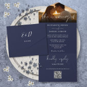 Invitation Tout En Un Elégant Marine moderne bleu QR Code Mariage Photo