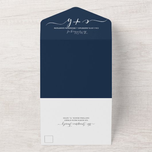 Invitation Tout En Un Elégant Marine photo blanc Monogramme Mariage RSVP (Dehors)
