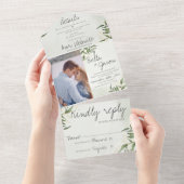 Invitation Tout En Un Élégant Mignolé Vert feuillage Monogramme Mariage  (Déchirure)