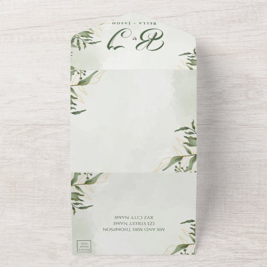 Invitation Tout En Un Élégant Mignolé Vert feuillage Monogramme Mariage  (Dehors)