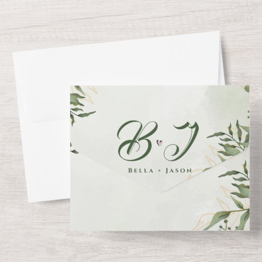 Invitation Tout En Un Élégant Mignolé Vert feuillage Monogramme Mariage  (Verso)