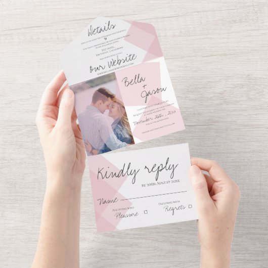 Invitation Tout En Un Élégant mignon Pastel rose Monogramme Mariage phot (Déchirure)