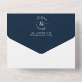 Invitation Tout En Un Élégant minimal Floral Navy Mariage de monogramme (Verso)