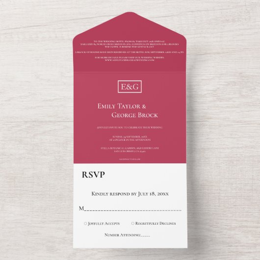 Invitation Tout En Un Élégant minimal Magenta Monogramme Mariage moderne (À l'intérieur)