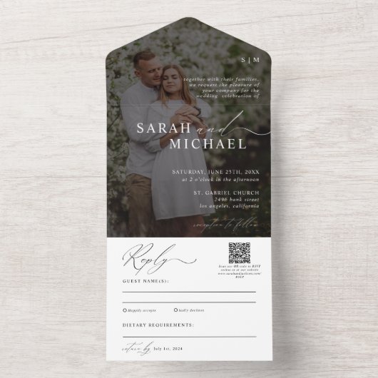 Invitation Tout En Un Élégant minimal nettoyage script QR Code Mariage p (À l'intérieur)