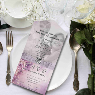 Invitation Tout En Un Élégant minimaliste Lilac Floral QR Code photo