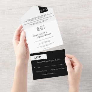 Invitation Tout En Un Élégant minimaliste Mariage Monogramme noir et bla