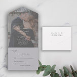 Invitation Tout En Un Elegant minimum noir et blanc photo wedding a<br><div class="desc">Typographie minimale moderne de tous les sites dans une invite et rsvp wedding seal and send Invite Featuring a chic trendy calligraphy script.                                                                                                                                                                                                                                                                  The Invite is suitable for classic formal neutral weddings.</div>