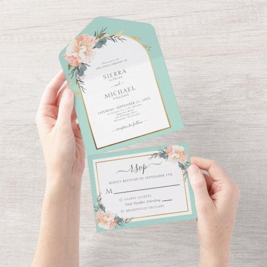 Invitation Tout En Un Elégant Mint Green Peach Crème Floral Mariage (Déchirure)
