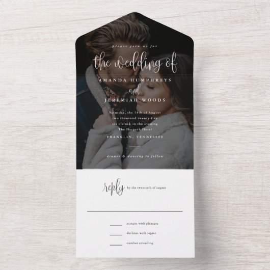 Invitation Tout En Un Élégant Moderne Calligraphie Script Mariage photo (À l'intérieur)