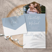 Invitation Tout En Un Élégant moderne Dusty Blue Script Mariage photo To