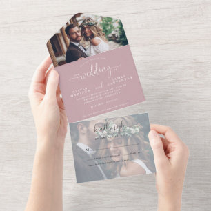 Invitation Tout En Un Élégant moderne Dusty Rose Script 2 Mariage photo