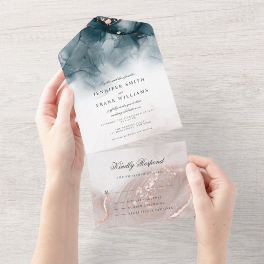 Invitation Tout En Un Élégant moderne Encre d'alcool Or Blush Bleu Minim (Déchirure)