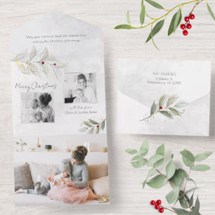 Invitation Tout En Un Élégant moderne Silver Noël Floral 2-Photo