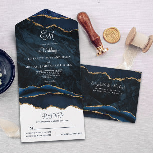 Invitation Tout En Un Élégant Monogram Marine Blue Agate Mariage