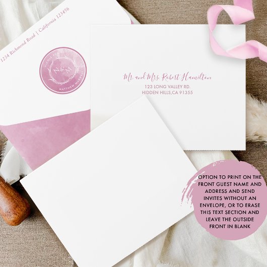 Invitation Tout En Un Élégant Monogram Mauve et Mariage d'aquarelle rose