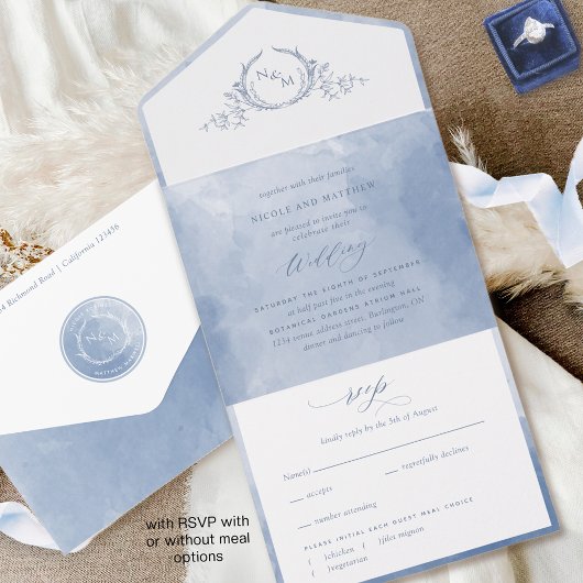 Invitation Tout En Un Elegant Monogramme Aquarelle Bleu Poussiéreux Mari