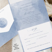 Invitation Tout En Un Elegant Monogramme Aquarelle Bleu Poussiéreux Mari